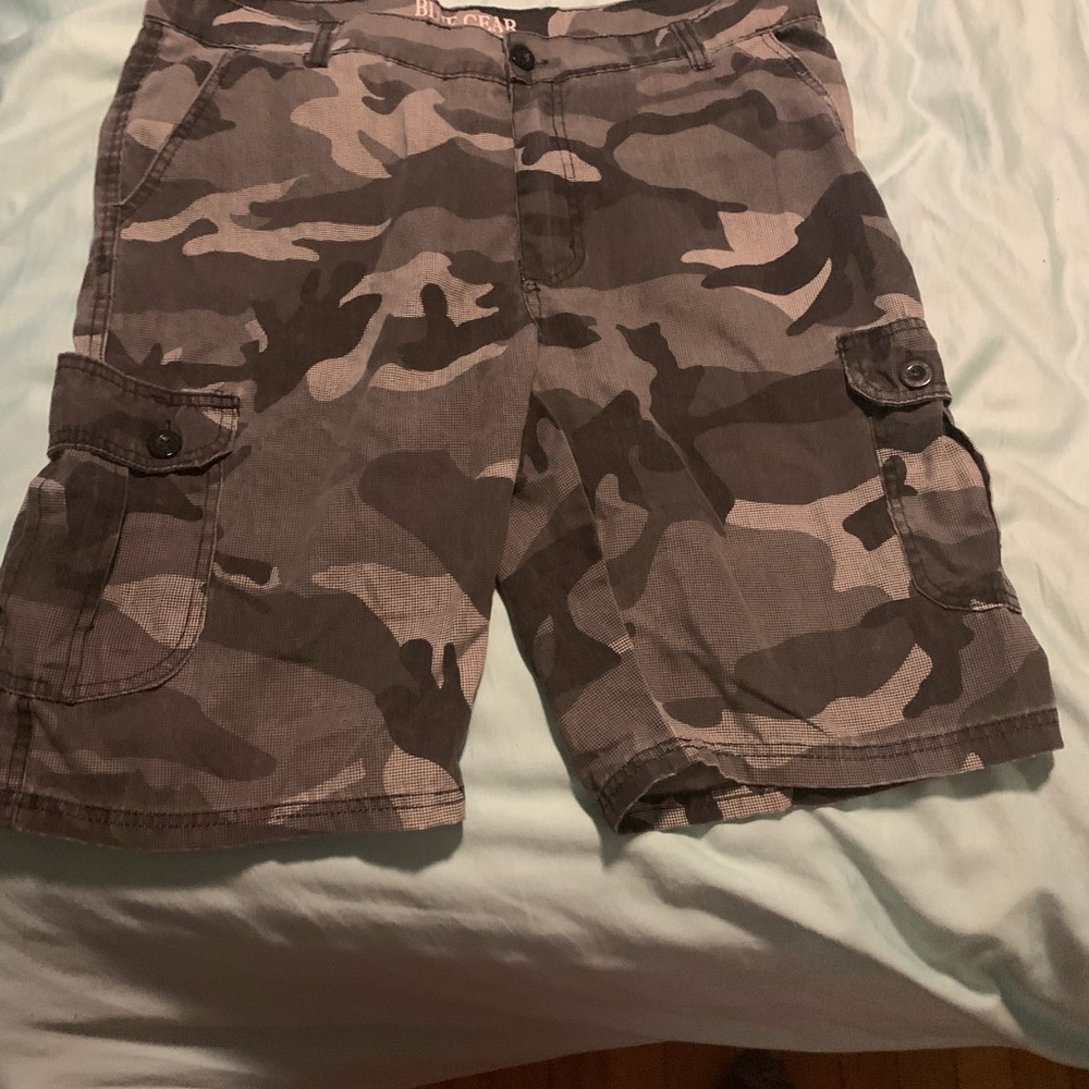 Black and gray camo cargo shorts